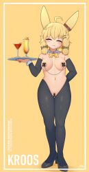 1girl absurdres ahoge animal_ears areola_slip arknights bare_shoulders black_hiphighs black_sleeves blonde_hair blonde_pubic_hair blush bow bowtie breasts chain character_name closed_eyes cocktail commentary_request covered_nipples cross cross_pasties cup detached_collar drinking_glass female_pubic_hair frontless_outfit full_body green_ribbon hair_ornament hair_ribbon hairclip high_heels highres hiphighs holding holding_tray hostess kroos_(arknights) maebari medium_breasts navel nontraditional_playboy_bunny open_mouth pantyhose parallel_hairclips pasties pubic_hair rabbit_ears rabbit_girl revealing_clothes reverse_bunnysuit reverse_outfit ribbon short_hair signature smile solo sparse_pubic_hair standing strapless tape tape_on_nipples thigh_gap tongue tongue_out tray white_wrist_cuffs wrist_cuffs yellow_background yellow_bow yellow_bowtie yonao