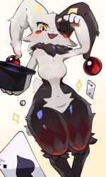 1anthro 1girls 2026 2d 2d_(artwork) 3_fingers akikonii anthro big_thighs black_body black_fur blush breasts card dice digital_media digital_media_(artwork) dupin_(pal) female female_only furry furry_female furry_only hat headwear hi_res jester looking_at_viewer markings mouth_open multicolored_body neck_tuft one_eye_closed pal_(species) palworld pawpads paws pocketpair rabbit rabbit_ears rabbit_girl rabbit_tail render rendered short_tail simple_background smiling smiling_at_viewer solo sparkles steam steamy_breath sweat sweaty_body tagme thick_thighs thighs thighs_bigger_than_head tuft tufted_fur tummy white_body white_fur winking winking_at_viewer yellow_eyes