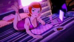 3d ben_10 brat cozy female_only green_eyes gwen_tennyson koikatsu laying_on_bed orange_hair playful_smile sports_bra sportswear sweat sweating totalsun