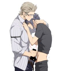 2boys black_hair blonde_hair blush clothed erection final_fantasy final_fantasy_xv frottage gay glasses handjob ignis_scientia male male/male male_only multiple_boys noctis_lucis_caelum penis penis_grab sweat undressing wince yaoi