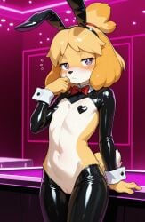 1girls 2026 ai_generated animal_crossing anthro blonde_female blonde_hair blushing bunnysuit canine club fake_animal_ears female female_only flat_chest half-closed_eyes heart_pasties hi_res indoors innie_pussy isabelle_(animal_crossing) neon_lights nervous nintendo pasties purple_eyes pussy reverse_bunnysuit short_hair shy white_fur yellow_fur zonoya_(artist)
