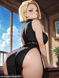 1girl ai_generated android_18 arlequin097 ass ass_focus bare_arms bare_shoulders belt black_dress blonde_hair blue_eyes blue_sky breasts brown_belt closed_mouth cloud day dragon_ball dragon_ball_z dress earrings from_behind huge_ass indoors jewelry large_breasts lips looking_at_viewer looking_back patreon_logo patreon_username plant potted_plant short_hair side_slit sky sleeveless sleeveless_dress solo thick_thighs thighs turtleneck_dress vase web_address window