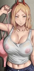 1girls ai_generated big_breasts bra chainsaw_man curvy curvy_body curvy_female curvy_figure female female_only horn horns huge_breasts kyoru189 large_breasts light-skinned_female light_skin looking_at_viewer mature_female nipple_bulge nipples power_(chainsaw_man) seductive seductive_look shiny shiny_skin solo solo_female sweat sweaty tank_top