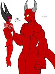 angry demon demon_horns demon_tail grabbing muscular muscular_male purple_eyes red_skin size_difference tail zhengfox