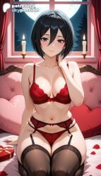 1girls 2026 ai_assisted ai_generated anime attack_on_titan bed boobs breasts bust curtains garter_belt garter_straps gift hi_res high_quality high_resolution highres indoors mikasa_ackerman moonlight night night_sky on_bed patreon patreon_username petals pillow red_bra red_panties rose_petals shingeki_no_kyojin short_hair skypassion stable_diffusion thighhighs tits underwear watermark window