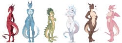 6girls ai_generated anthro big_breasts dragon female female_only full_body medium_breasts muscular_female nude scalie small_breasts standing white_background