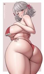 1girls ass big_breasts bikini bikini_bottom bikini_top blush breasts feet_out_of_frame female female_only from_behind girls'_frontline girls'_frontline_2:_exilium grey_hair large_breasts looking_at_viewer looking_back low-angle_view makslus paid_reward_available red_eyes sabrina_(girls'_frontline_2) sabrina_(strawberry_zabaione)_(girls'_frontline_2) sideboob spas-12_(girls'_frontline) viewed_from_behind