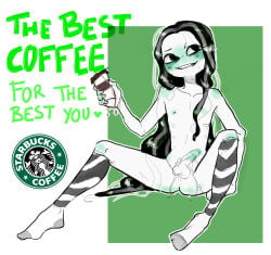 1boy after_cum after_cumshot after_orgasm balls ballsack black_hair blush blushing blushing_male cum cum_in_glass femboy femboy_only genderswap_(ftm) green_blush half-erect legwear legwear_only long_hair male male_nipples male_only naughty naughty_boy naughty_face naughty_smile open_legs rule_63 slim slim_waist starbucks starbucks_siren striped_legwear twink wet_penis