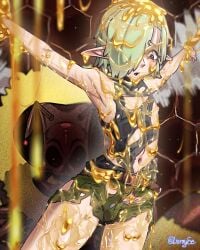 bee buldge chained clothed elf_femboy elsvime femboy green_hair hair_over_one_eye honey_(food) melting_clothes sticky yellow_eyes