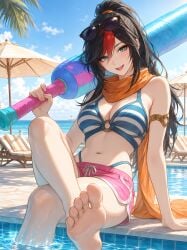 ai_generated armlet barefoot beach_umbrella bikini blue_eyes blue_sky crossed_legs dolphin_shorts feet fiora_laurent foot_fetish foot_focus high_ponytail inflatable_toy large_breasts league_of_legends looking looking_at_viewer multicolored_hair navel palm_tree ponytail pool_chair scarf self_upload sitting smile soles stomach sunglasses sunglasses_on_head swimming_pool toes