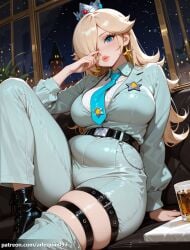 1girl ai_generated alternate_costume arlequin097 belly belt black_belt black_footwear blonde_hair blue_eyes blue_necktie blush boots breasts collared_shirt couch crown cup drinking_glass earrings hair_over_one_eye indoors jewelry large_breasts lips long_hair long_sleeves looking_at_viewer mario_(series) mini_crown necktie night nintendo plump princess_rosalina shirt sitting skindentation solo star_(sky) star_(symbol) star_earrings star_wand super_mario_bros. thigh_strap thighs window