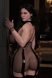1girls 3d ass back_view big_ass big_breasts black_hair breasts bubble_butt cd_projekt_red curvy_body curvy_female dress earrings female light-skinned_female light_skin looking_at_viewer looking_back mascara nipples no_panties purple_eyes solo solo_female tb25 the_witcher_(series) the_witcher_3:_wild_hunt transparent_clothing white_nails yennefer