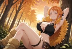 1girls ai_generated alternate_costume amber_eyes autumn belt big_ass big_breasts big_butt blushing boots bracelet braided_hair choker cleavage costume creamhorseai curvy curvy_female curvy_figure earrings elbaf erect_nipples female fit fit_female forest fur_coat hands_behind_head high_resolution highres horny horny_female hourglass_figure huge_breasts light-skinned_female light_skin long_hair mature_female nami_(one_piece) one_piece orange_hair outdoors perfect_body posing seductive seductive_look smiling smiling_at_viewer smirk smirking smug smug_smile solo sunset sweat sweating tattoo thick_thighs voluptuous voluptuous_female voyeur voyeurism white_skin