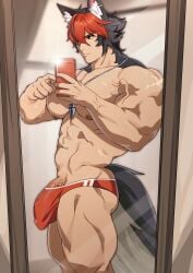 animal_ears animal_tail balls bara bulge dog_boy dog_ears dog_tail dogboy flaccid komano_manato male male_only mirror_selfie muscles muscular penis scar scar_across_eye solo solo_male tail varantart zenless_zone_zero