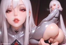 1boy 1femboy absurd_res ai_generated anus artist_name artist_upload ass ass_cutout ass_focus barefoot bodysuit breath clothing_cutout crossdressing erection eyelashes feet femboy femboy_focus feminine_male flaccid from_behind gay genderswap_(ftm) hi_res huge_ass kneeling latex lips long_hair looking_at_viewer looking_back low_ponytail makeup male_focus more_at_source multiple_views newhalf nose otoko_no_ko pandora parted_lips patreon patreon_username penis perineum red_eyes self_upload shiny_clothes shiny_skin sidelocks soles solo testicles toes transgender tucked_penis uncensored very_long_hair watermark white_hair