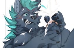 anthro black_fur cum fur furry hyena kumak kumak71395 male male_only mammal masturbation mohawk nyarlathotep_(tokyo_afterschool_summoners) penile_masturbation penis simple_background solo tokyo_afterschool_summoners white_background