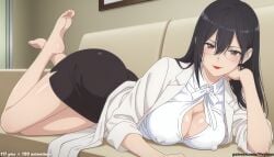 1girl 1girls 2.5_jigen_no_ririsa absurd_res ai_assisted ai_generated anime ass bangs bare_feet bare_legs black_hair black_skirt blouse boobs bowtie breasts brown_eyes bubble_butt butt cleavage collarbone curvaceous curvy curvy_figure female glasses hair_between_eyes half-closed_eyes hanyuu_mayuri head_rest high_resolution highres hourglass_figure huge_ass huge_breasts huge_butt indoors large_breasts leg_up light-skinned_female light_skin lipstick long_hair looking_at_viewer lying mature_female miniskirt neck_ribbon on_couch on_side open_clothes open_shirt patreon patreon_logo patreon_username raised_leg red_lips room seductive_smile sidelocks smile sofa soles solo sweat thick_thighs thighs underboob veyluna voluptuous white_bow white_shirt wide_hips