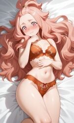 1girls ai_generated blush blushing bra breasts cute embarrassed embarrassed_female etra-chan_saw! female female_only fit fit_female hair_tied hand_above_breast hand_on_chest hourglass_figure hourglass_figured_female lingerie lingerie_bra lingerie_only lingerie_panties looking_at_viewer lying lying_on_back lying_on_bed medium_breasts on_back on_bed panties part_of_a_set perfect_body pink_eyes pink_hair solo solo_female sweat sweatdrop wholesome youtube yuri_(etra-chan_saw!)