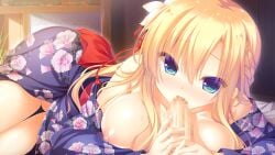 1boy 1girl back_bow bed_sheet blonde_hair blue_eyes blue_kimono bow braid breasts breasts_out censored clothes_lift collarbone day dress dress_lift fellatio floral_print flower from_side furisode game_asset grabbing_another's_penis hair_flower hair_ornament highres hoshi_furu_yoru_no_farnese indoors japanese_clothes kimono kimono_partially_removed long_hair looking_at_penis lying mosaic_censoring nipples non-web_source obi on_bed oral penis red_bow red_sash sash self-datamine thighs very_long_hair wooden_wall yukata yukie_(peach_candy) yves_klein