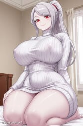 1girl ai_generated bare_legs barefoot bed bedroom breasts closed_mouth covered_navel covered_nipples curtains curvy dress grey_hair high_ponytail huge_breasts indoors large_breasts long_hair long_sleeves looking_at_viewer on_bed overlord_(maruyama) ponytail red_eyes ribbed_sweater seiza shalltear_bloodfallen sitting smile solo sweater sweater_dress thick_thighs thighs turtleneck turtleneck_sweater white_sweater window