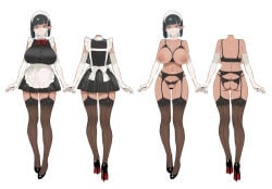 1girl anus apron ass back backless_panties bar_censor black_dress black_garter_belt black_hair black_panties black_thighhighs blue_eyes blunt_bangs bow bra breasts breasts_out censored cleavage collarbone commentary_request cropped_head crotchless crotchless_panties cupless_bra dark-skinned_female dark_elf dark_skin dress elbow_gloves elf frilled_apron frills from_behind full_body garter_belt gloves high_heels large_areolae large_breasts laycey_(sencha_bashira) looking_at_viewer maid maid_headdress median_furrow mouth_veil navel nipples original panties pointy_ears pussy red_bow reference_sheet ring_light_reflection see-through_clothes see-through_thighhighs see-through_veil sencha_bashira short_dress sleeveless sleeveless_dress standing stomach thick_thighs thighhighs thighs underwear veil waist_apron white_gloves