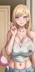 1girls ai_generated big_breasts bra curvy curvy_body curvy_female curvy_figure huge_breasts kitagawa_marin kyoru189 large_breasts light-skinned_female light_skin looking_at_viewer mature_female nipple_bulge nipples seductive seductive_look shiny shiny_skin solo solo_female sono_bisque_doll_wa_koi_wo_suru sweat sweaty tank_top