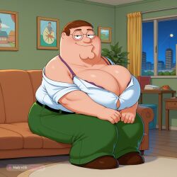 1boy 8k adult ai_assisted ai_generated ass belt black_clothing breast_expansion brown_footwear brown_hair cinematic cityscape cleavage couch depth_of_field enormous_breasts eyes_half_closed family_guy fat glasses green_pants home in_heat indoors large_breasts living_room night_time oversized_breasts peter_griffin scenery seductive_eyes seductive_smile short_stack sitting solo standing thick_thighs tiny_waist uncensored white_shirt wide_hips