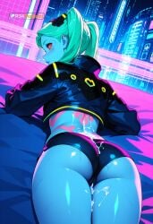 1girl after_sex ai_generated aqua_hair ass bed bedroom black_jacket blue_skin blush butt cityscape creampie_leak cropped_jacket cum cum_drip cybernetic cyberpunk cyberpunk_2077 cyberpunk_city cyberpunk_edgerunners embarrassed explicit from_behind highres indoors light_blue_skin looking_back lying mint_hair neon_lights on_bed over_shoulder pale_skin patreon patreon_username pussy r34dungeon rear_view rebecca rebecca_(cyberpunk) red_eyes short_shorts shorts solo sweaty thighs twin_tails twintails wet_pussy window