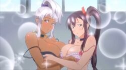 2d 2girls akaza_chacha amaya_haruko animated anime big_breasts black_bra black_panties blush bouncing_breasts bow bow_bra bow_panties bra bra_strap_down bra_strap_slip bra_unclipped breasts brown_hair dark-skinned_female dark_skin ecchi female h-cup huge_breasts leopard_print leopard_print_bra maken-ki! more_at_source multiple_females multiple_girls navel official_art open_bra pink_bra pink_panties schoolgirl screencap screenshot sound student tagme undone_bra undressing white_hair xebec yuri