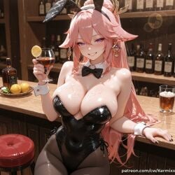1girl ai_generated alcohol alternate_costume animal_ears bangs bar_(place) bare_shoulders black_bow black_bowtie black_leotard black_nails black_pantyhose blush bottle bow bowtie breasts cleavage covered_navel cup detached_collar drinking_glass earrings fake_animal_ears food fox_ears fruit genshin_impact grin hair_between_eyes hair_ornament highleg highleg_leotard holding holding_cup jewelry kermixx large_breasts lemon leotard long_hair looking_at_viewer nail_polish pantyhose pink_hair playboy_bunny ponytail purple_eyes rabbit_ears sitting smile solo stool strapless thighband_pantyhose wrist_cuffs yae_miko