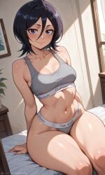 ai_generated black_hair bleach calvin_klein houseofwaifu kuchiki_rukia purple_eyes seductive sports_bra thick_legs thick_thighs thong underwear underwear_only wide_hips wide_thighs
