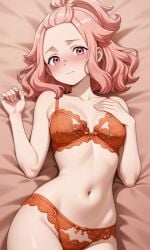 1girls ai_generated blush blushing bra breasts cute embarrassed embarrassed_female etra-chan_saw! female female_only fit fit_female hair_tied hand_above_breast hourglass_figure hourglass_figured_female lingerie lingerie_bra lingerie_only lingerie_panties looking_at_viewer lying lying_on_back lying_on_bed medium_breasts on_back on_bed panties part_of_a_set perfect_body pink_eyes pink_hair pink_sheets solo solo_female sweat sweatdrop wholesome youtube yuri_(etra-chan_saw!)