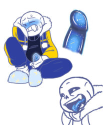 1boy 2017 2d alternate_universe animated_skeleton artist_request black_sweater blue_blush blue_hoodie blue_penis blue_tongue blush drooling ectopenis ectotongue fangs hoodie humanoid outertale outertale_sans sans sans_au skeleton slippers sweater sweating sweatpants tongue tongue_out undertale_(series) undertale_au undertale_fanfiction white_background white_socks yellow_hoodie