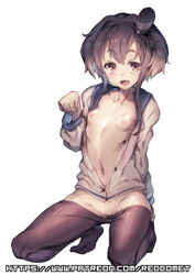 collarbone female female full_body hair_between_eyes hat kantai_collection kneeling long_hair long_sleeves looking_at_viewer mini_hat navel nipples open_mouth pantyhose pantyhose_pull patreon_username pussy redcomet simple_background solo tokitsukaze_(kantai_collection) uncensored watermark web_address white_background