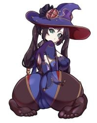 1girls alternate_version_available ass big_ass breasts clothed clothed_female female female_only full_body genshin_impact hat headwear long_hair looking_at_viewer looking_back miyako_noh mona_(genshin_impact) pussy_visible_through_clothes sideboob solo solo_female