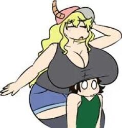 big_breasts boobs breasts_bigger_than_head female kobayashi-san_chi_no_maidragon larger_female larger_female_smaller_male lucoa male smaller_male thighs yellow_hair