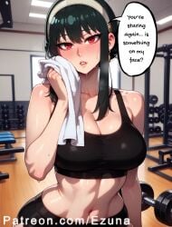 ai_generated big_ass big_breasts big_butt big_thighs black_hair blush comic commentary english_text ezuna gym gym_clothes gym_uniform hairband huge_ass huge_breasts huge_butt huge_thighs red_eyes spy_x_family text tight_clothing wanuze wide_hips yor_briar yor_forger