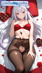 1girls 2026 ai_assisted ai_generated anime bed bed_sheet black_rose bouquet box bra braid chocolate condom condom_wrapper emilia_(re:zero) flower gift gift_box hair_flower hair_ornament hair_ribbon heart-shaped_chocolate hi_res high_quality high_resolution highres long_hair on_bed pantyhose patreon patreon_username petals pillow purple_eyes re:zero re:zero_kara_hajimeru_isekai_seikatsu red_flower red_rose rose rose_petals skypassion stable_diffusion torn_clothes valentine watermark white_flower white_rose