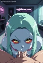 1boy 1girl :>= ai_generated artificial_eye artist_name blue_skin blush_stickers breasts chat_log colored_sclera colored_skin completely_nude cum cum_in_mouth cyberpunk_(series) cyberpunk_edgerunners cyborg english_text erection facial fellatio forehead green_eyes green_hair health_bar hetero hexogen indoors long_hair looking_at_viewer mechanical_eye mosaic_censoring neck_tattoo nude oral parted_bangs patreon_username penis petite pov pov_crotch rebecca_(cyberpunk) red_eyes red_pupils red_sclera small_breasts solo_focus sweat tattoo tears uncensored v-shaped_eyebrows web_address white_skin