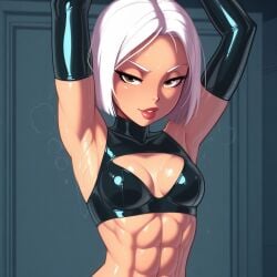 abs ai ai_art ai_generated anime_style armpits arms_raised arms_up atheltic_female bob_cut brown_eyes cleavage cleavage_cutout elbow_gloves fit_female glossy glossy_body gloves halterneck latex latex_gloves latex_top latex_topwear lean_build long_gloves medium_breasts middle_part muscular_female petite_body red_lips red_lipstick sexy shiny small_breasts white_eyebrows white_hair zibuai