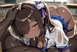 1girl 8k ai_assisted ai_generated bag blowjob blue_skirt brown_eyes brown_hair butt_crack choker classroom cleavage collared_shirt contrapposto curvy dark_skin dark_skinned_female deepthroat depth_of_field fat_man hair_ornament hair_over_one_eye hairy_man head_grab head_tilt large_penis long_hair looking_at_viewer naga_(nikke) naked naughty_face navel necktie nude perspective pov scrunchie sexy short_sleeves side_ponytail steam sweat thigh_strap underwear uniform white_shirt