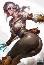 1girls ai_generated ass back_view breasts bubble_butt cd_projekt_red ciri clothing female freckles freckles_on_face gloves green_eyes high_heel_boots light_skin light_skinned_female looking_at_viewer looking_back mascara philon scar solo solo_female sword the_witcher_(series) the_witcher_3:_wild_hunt white_hair