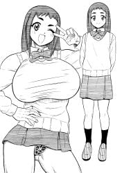 1girl :d ;d alternate_breast_size_(larger) animal_print black_socks blush bow bowtie breasts clothes_lift commentary_request digimon digimon_beatbreak full_body gluteal_fold greyscale hair_ornament hairclip hand_on_own_hip hatching_(texture) highres hokuto_(tokuho) huge_breasts large_breasts leopard_print leopard_print_panties loafers long_hair long_sleeves looking_at_viewer monochrome one_eye_closed open_mouth panties pantyshot pleated_skirt print_panties pussy school_uniform see-through_clothes see-through_panties shinomiya_hitomi shoes simple_background skirt skirt_lift smile socks solo standing sweater sweater_vest toned toned_female underwear v white_background