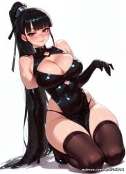 1girl 2026 ai_generated anime bangs bare_shoulders black_dress black_gloves black_hair black_panties black_thighhighs blunt_bangs blush boobs breasts brown_eyes china_dress chinese_clothes cleavage cleavage_cutout closed_mouth clothing_cutout covered_navel crossover dress elbow_gloves eve_(stellar_blade) eye_contact female female_focus flushed gloves handwear high_heels highres huge_breasts kneeling large_breasts long_hair looking_at_viewer neutral_expression nsfw panties patreon pelvic_curtain ponytail rognezart shift_up shiny_clothes simple_background skindentation smile smiling solo stellar_blade thick_thighs thighhighs thighs underwear very_long_hair white_background