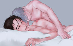 2boys ass bed black_hair buttjob erection male multiple_boys penis pillow shikiamondo shizax silver_hair viktor_nikiforov yaoi yuri!!!_on_ice