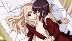 2girls animated animated bed black_hair blonde_hair breasts couple kawamura_reo lying multiple_girls official sawaguchi_mai school_uniform sex small_breasts sono_hanabira_ni_kuchizuke_wo uniform watermark yuri