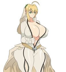 ahoge blonde_hair cleavage fat_ass fate/extra_ccc fate/grand_order fate_(series) female female_only green_eyes huge_ass huge_breasts jay-marvel looking_at_viewer nero_claudius_(bride) nero_claudius_(fate) open_jacket smile thick thick_thighs voluptuous wide_hips