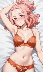 1girls ai_generated armpit blush blushing bra breasts cute embarrassed embarrassed_female etra-chan_saw! female female_only fit fit_female hair_tied hand_above_head hourglass_figure hourglass_figured_female lingerie lingerie_bra lingerie_only lingerie_panties looking_at_viewer lying lying_on_back lying_on_bed medium_breasts on_back on_bed panties part_of_a_set perfect_body pink_eyes pink_hair solo solo_female sweat sweatdrop wholesome youtube yuri_(etra-chan_saw!)