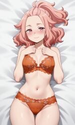 1girls :) ai_generated bedroom_eyes blush blushing bra breasts cute embarrassed embarrassed_female etra-chan_saw! female female_only fit fit_female hair_tied hands_above_breasts hourglass_figure hourglass_figured_female lingerie lingerie_bra lingerie_only lingerie_panties looking_at_viewer lying lying_on_back lying_on_bed medium_breasts on_back on_bed panties part_of_a_set perfect_body pink_eyes pink_hair smile smiling smiling_at_viewer solo solo_female sweat sweatdrop wholesome youtube yuri_(etra-chan_saw!)