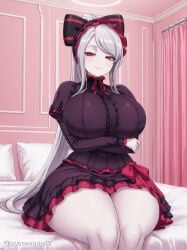 1girl ai_generated bed bedroom black_dress bow breasts crossed_arms curvy dress frilled_dress frills gothic_lolita grey_hair hair_bow huge_breasts indoors large_breasts lolita_fashion long_hair long_sleeves looking_at_viewer on_bed overlord_(maruyama) pale_skin pillow ponytail red_eyes red_ribbon ribbon shalltear_bloodfallen sidelocks sitting smile solo thick_thighs thighs vampire very_long_hair